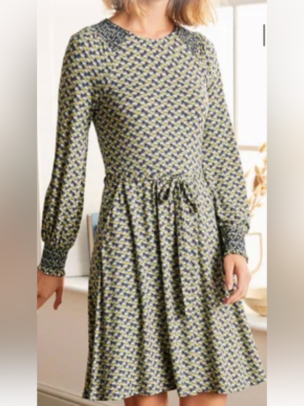 BODEN Grace Smocked Jersey Dress Grey Squirrel Water Lilies Size 16R /12R